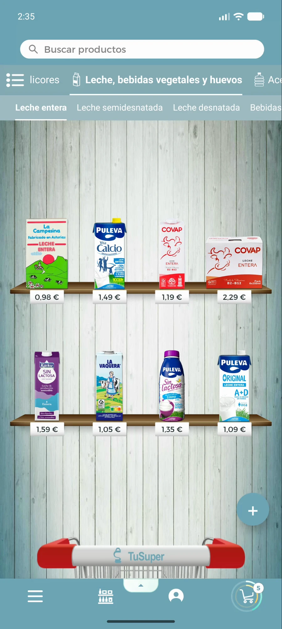 Lineal real de la app TuSuper con categorías, productos y carrito